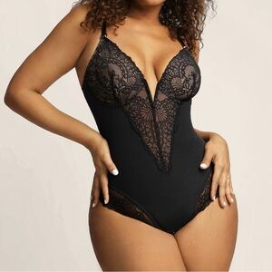 NWT Popilush Black Deep V Neck Lace Underwire Shapewear Bodysuit L